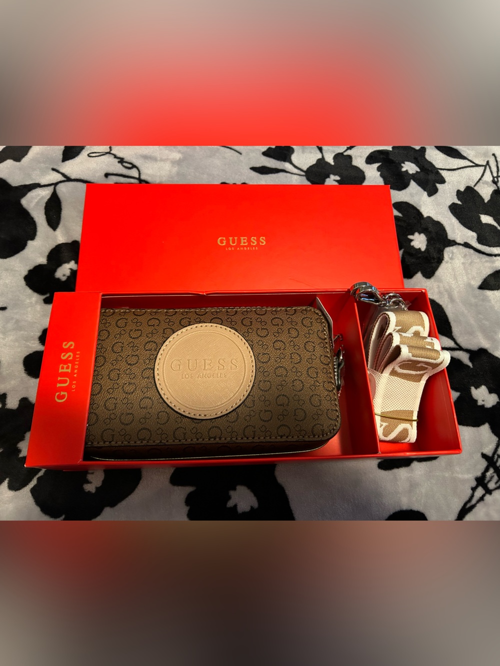 GUESS Cream & Tan Signature Logo Wristlet with Strap